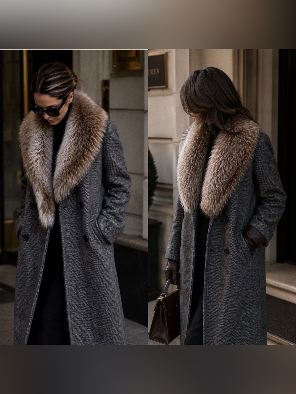 Vtg Bromley Pure Wool Trench Coat Real Fox Fur Collar Gray Herringbone USA Union